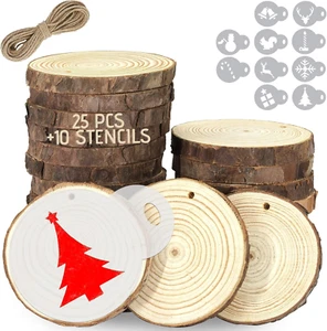 Wood Slice Ornaments 25 Pcs 2.7"-3.1" Unfinished Wood Slices for Crafts with 10 - Picture 1 of 12