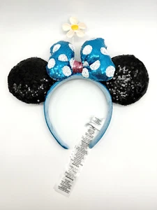 Disney Minnie Mouse Ears Headband Blue Sequin White Polka Dot with Daisy Flower - Picture 1 of 12