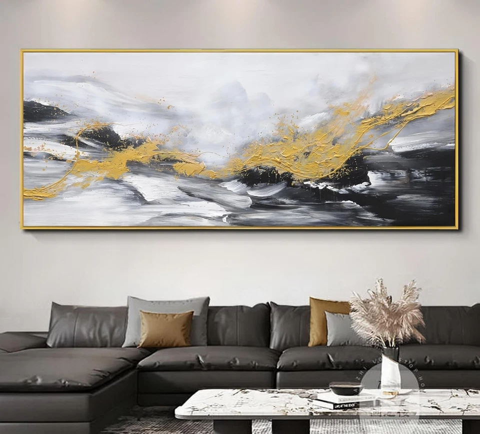 Arte de pared abstracto pintado a mano en lienzo para sala de estar, pintura al óleo moderna enmarcada en 3D Foto 1 de 4