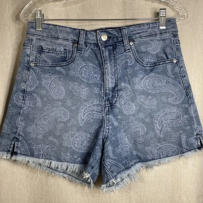 Celebrity Pink Blue Denim Paisley Printed Hi-Rise Fray Hem Shorts Size 9/29 - Image 1 of 4