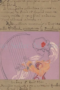 Künstler signiert - JUGENDSTIL SCHÖNHEIT SPIELT HARFE - M.M. Wien Postkarte - Bild 1 von 2
