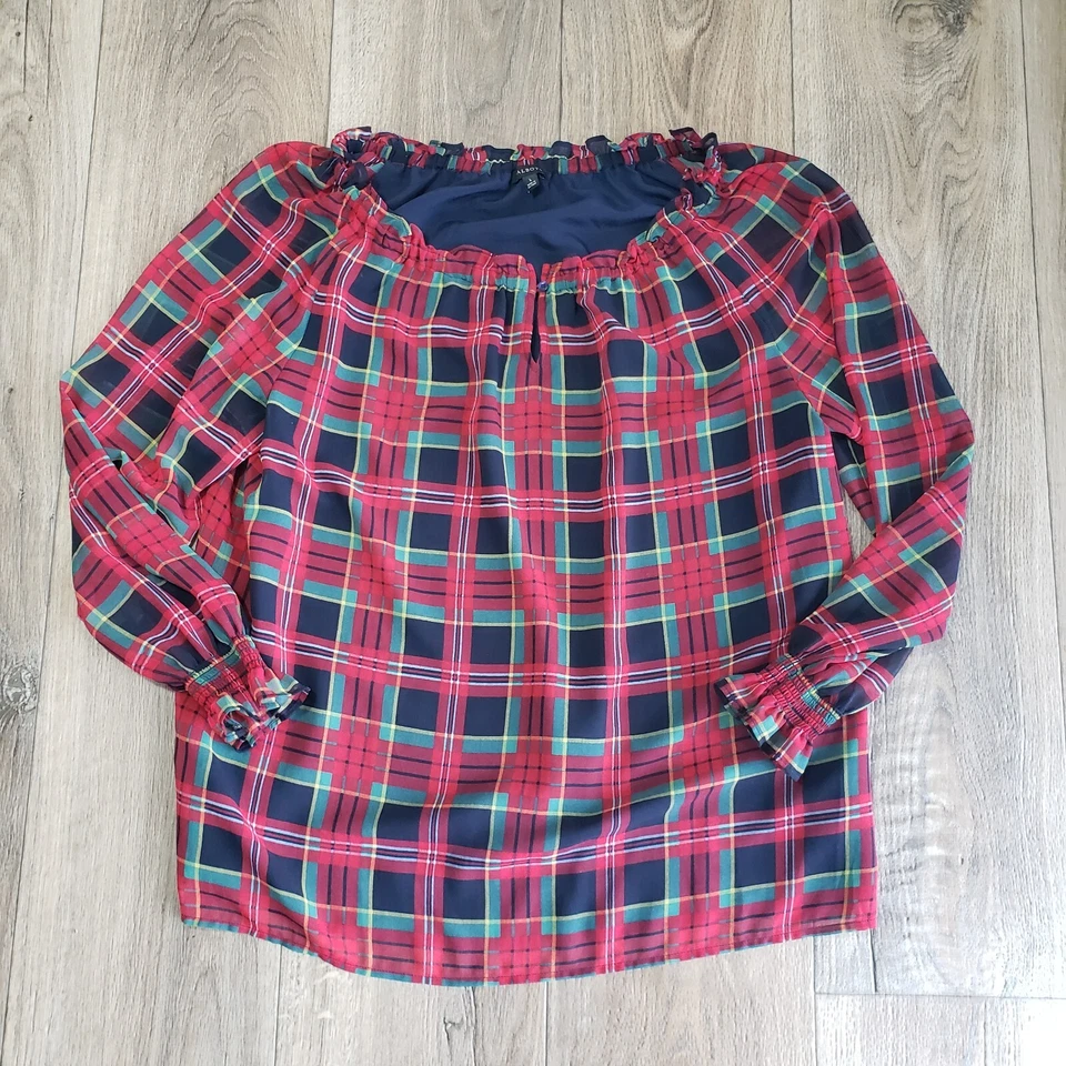 Talbots Size Large Feminine Smock Top Chiffon Red Plaid Holiday Festive - Image 1 of 4
