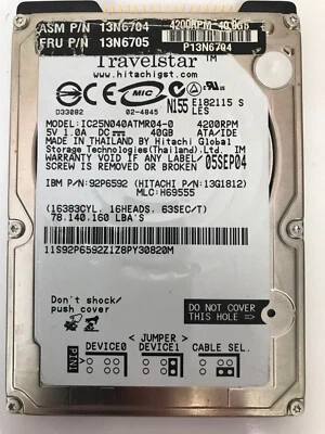 IBM 13N6705 13N6704 92P6592 2.5" 40GB ATA/IDE HARD DRIVE IC25N040ATMR04-0 - Image 1 of 3