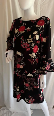 CHARTER CLUB SIZE MEDIUM Multi Black Floral Shift Double Ruffle Long Bell Sleeve - Image 1 of 4