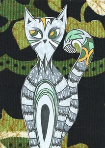 Dibujo a tinta medios mixtos gato zentangle rayas - impresión de archivo ACEO 4 de 10 - Imagen 1 de 1