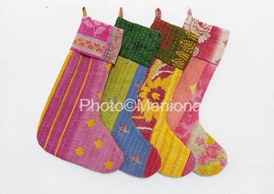 Vintage Kantha Quilted Christmas Stockings Handmade Stockings candy bag Gifts 4p - Picture 1 of 2