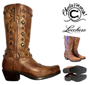 Charlie 1 Horse By Lucchese Studded Square Toe Western Boots Womens 7.5 B Brown - Picture 1 of 17