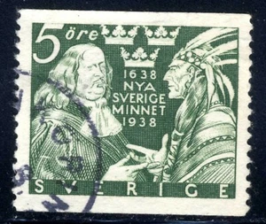 1938 SCHWEDEN Gouverneur Johan Printz & Native 5 Erz BRIEFMARKE SC#268 A49 GEBRAUCHT - Bild 1 von 3