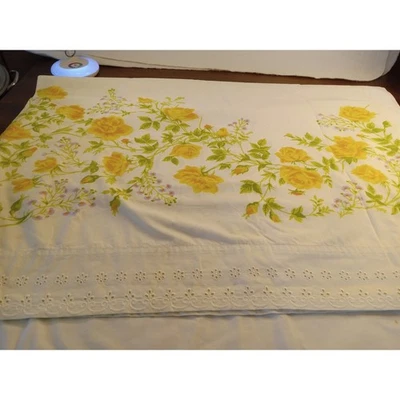 Sábana plana floral rosa amarilla vintage tamaño doble ojales encaje ribete algodón Foto 1 de 4