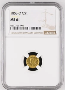 1853 O Gold Dollars Liberty Head NGC MS-61 - Picture 1 of 2