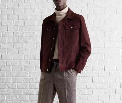 Men’s Classic Burgundy Suede Leather Jacket with Button Closure - Image 1 of 4