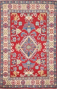 Alfombra de vestíbulo geométrica tinte vegetal 3x5 roja lana hecha a mano alfombra oriental súper kazaja - Imagen 1 de 20