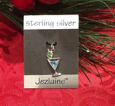 Novo Berloque de Copo de Bebida Ojezlaine 925 Prata Esterlina, Pedra Azul e Verde Martini - Imagem 1 de 3