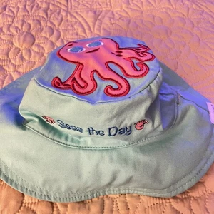 FlapJack Kids Reversible Hat UPF 50+ Small 6m-2 yrs Octopus Turtle Coral Aqua - Picture 1 of 22