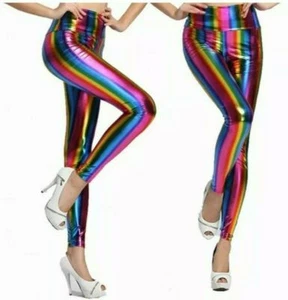New Womens Ladies Shiny American Metallic Disco Leggings Wet Look Stretchy Pants - Picture 1 of 12