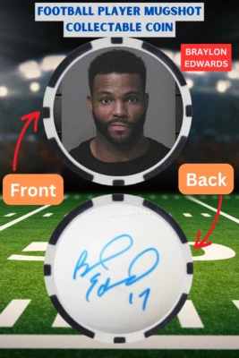 BRAYLON EDWARDS - FOTO POLICIAL DE FÚTBOL - MONEDA COLECCIONABLE - ***FIRMADA/AUTO*** Foto 1 de 2
