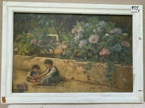 Dipinto-Fanciulli che giocano sotto un muretto-Olio su tavola-Metà 800- Italia - Foto 1 di 9