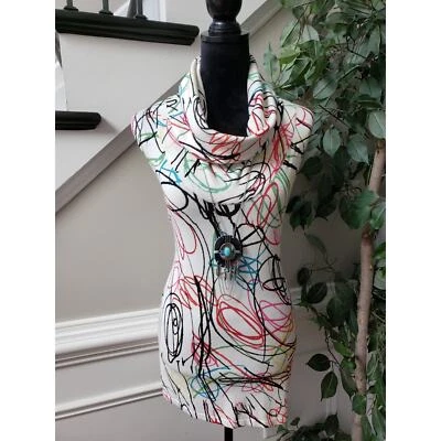 Joseph A. Sweater Womens 1X White Geo Print Rayon Cowl Neck Sleeveless Pullover - Image 1 of 4