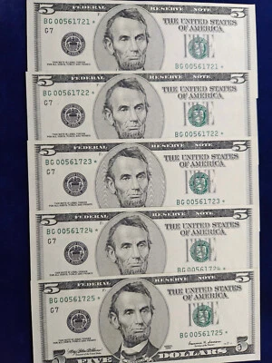 🌟(5) $5 1999 *BG* Star Federal Reserve Notes Sequential Serial #s UNC - Image 1 of 4