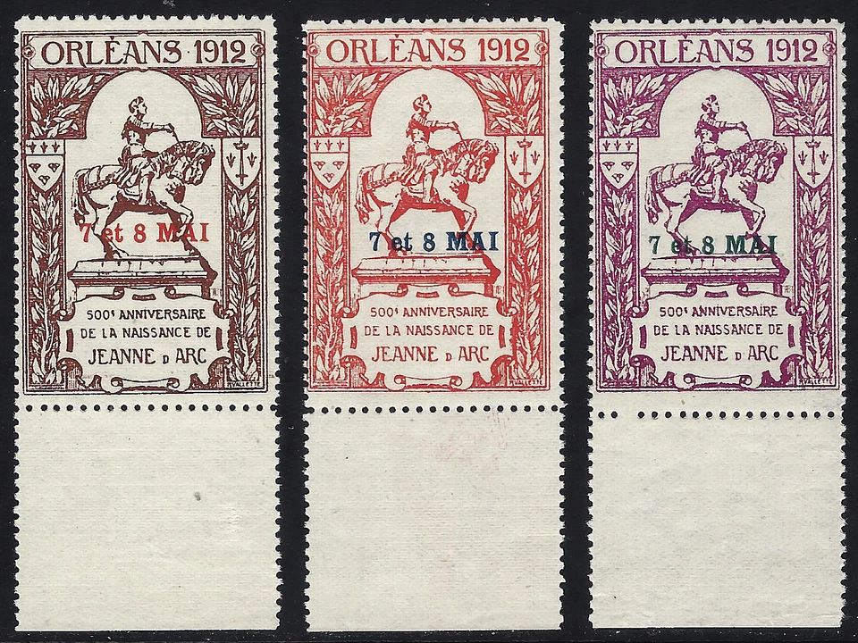 ERINNOPHILIE - FRANCE - JEANNE D ARC - ORLEANS 1912 - 3 x VIGNETTES SURCHARGÉES - Photo 1/1