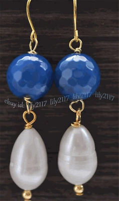 Handmade 8mm Faceted Agate 11-12mm White Rice Pearl Hook Dangle Earring 14K GP - Image 1 of 3