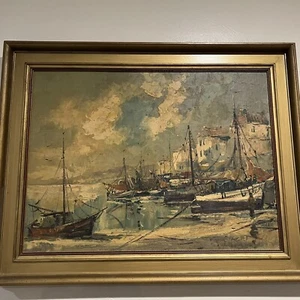 Vtg Oil Painting On Canvas Nautical Ship Harbor Scene Unknown Artist Framed - Picture 1 of 10