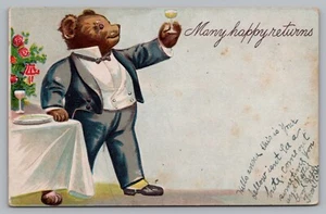 Postcard Many Happy Returns Bear in Tuxedo Toasting Champagne Posted 1908 - Picture 1 of 2