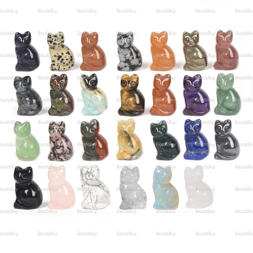 30mm Hand Carved Cat Gemstone Statue Healing Crystal Animal Figurine Decor Home - Image 1 of 1