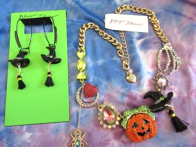 BETSEY JOHNSON Halloween Charm Chain Link Necklace & Witch Hat Earrings NWT - Image 1 of 4