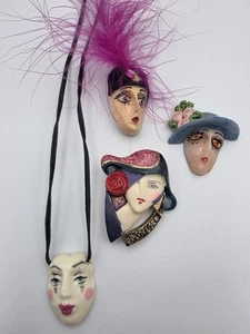 Lote De 4 Broches Vintage Cara Dama Colgante Resina Acrílico - Imagen 1 de 3
