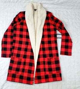 NEW Eddie Bauer Women Sz SMALL Cabin Fleece Cardigan Buffalo Check Red Black $60 - Picture 1 of 15