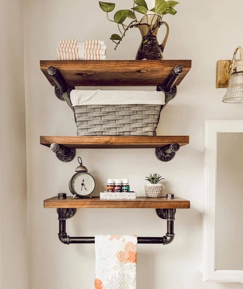 Industrial Pipe Bathroom Mounted Rustic Wall Towel Shelves Floating 3 Tier