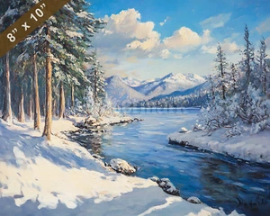 Lake Tahoe with snowy landscapes oil painting 8x10 Print - Picture 1 of 1