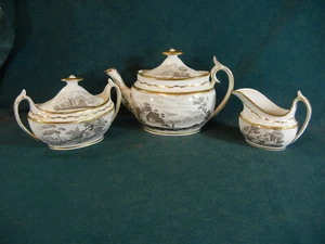Early Spode Bat Print Pattern 557 Teapot Creamer Covered Sugar Set c.1811 - 1833 - Picture 1 of 12