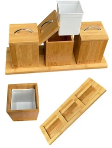 Bamboo Wood Tea Coffee Sugar Jars Canisters With Tray Kitchen Storage Organizer - Picture 1 of 4