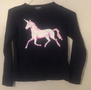 Lands’ Ends Girl’s Navy Blue Long Sleeve Unicorn Zebra Shirt Sz L 14 Flip Sequin - Picture 1 of 4