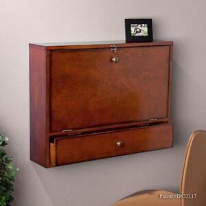 Floating Wall Mounted Desk Work Table Home Office Drawer Storage Mahogany Brown