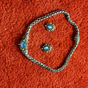 Vintage Heavy Chunky Thick Rope Necklace & Earrings with Blue Glass faux stone - Picture 1 of 7