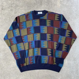 Vintage Men's Abstract Sweater Dalmine Uomo Multicolor Size L Made in Italy Wool - Picture 1 of 6