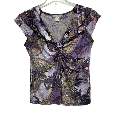 Camisa vintage Suzie para mujer XL púrpura cachemira volantes cuello en V manga gorra S9045 Foto 1 de 4