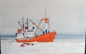 MP deVilliers original südafrikanischer Künstler frühes Leben Ölgemälde Boot am Pol - Bild 1 von 7