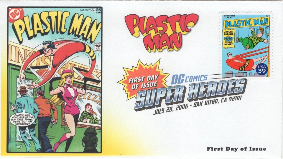 AO-4084q-1, 2006, DC Comics Super Heroes, Plastic Man Cover, FDC, Add-on Cachet. - Image 1 of 1