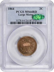 1864 Two Cent Piece Large Motto MS64RD PCGS (CAC) - Picture 1 of 4