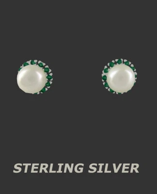 GENUINE PEARL & EMERALD STUD EARRING .925 Silver  - NWT - Screw Backs - Image 1 of 4