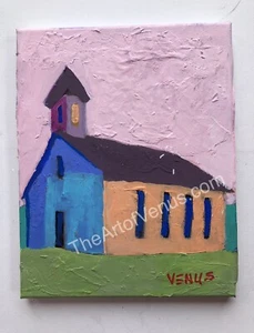 Original Painting Primitive Folk Art Country Farmhouse Church Colorful  Canvas - Picture 1 of 9