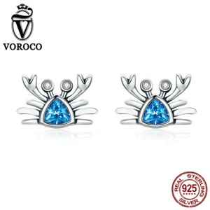 VOROCO 925 Sterling Silver Cute Crab Earring With Beautiful Blue Teardrop CZ - Picture 1 of 6