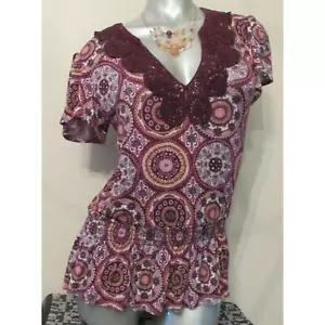 Women's CAMEO APPEARANCE Maroon Red Boho Crochet Collar Top in Size SMALL 4 6 - Picture 1 of 12