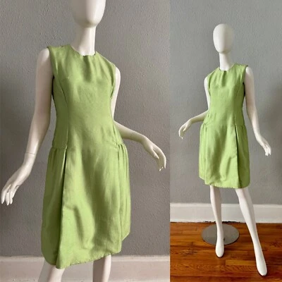 Vintage 60s Green Raw Silk MOD Scooter Mini Shift Dress M - Image 1 of 4