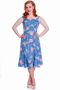 Hell Bunny 60s Retro Shabby Chic Pink Rose & Polka Dot Blue Flare Dress - Picture 1 of 2