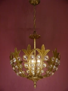 CHANDELIER 3 LIGHTS, ART DECO STYLE, BRASS & GLASS CEILING LAMP - FRENCH ANTIQUE - Picture 1 of 8